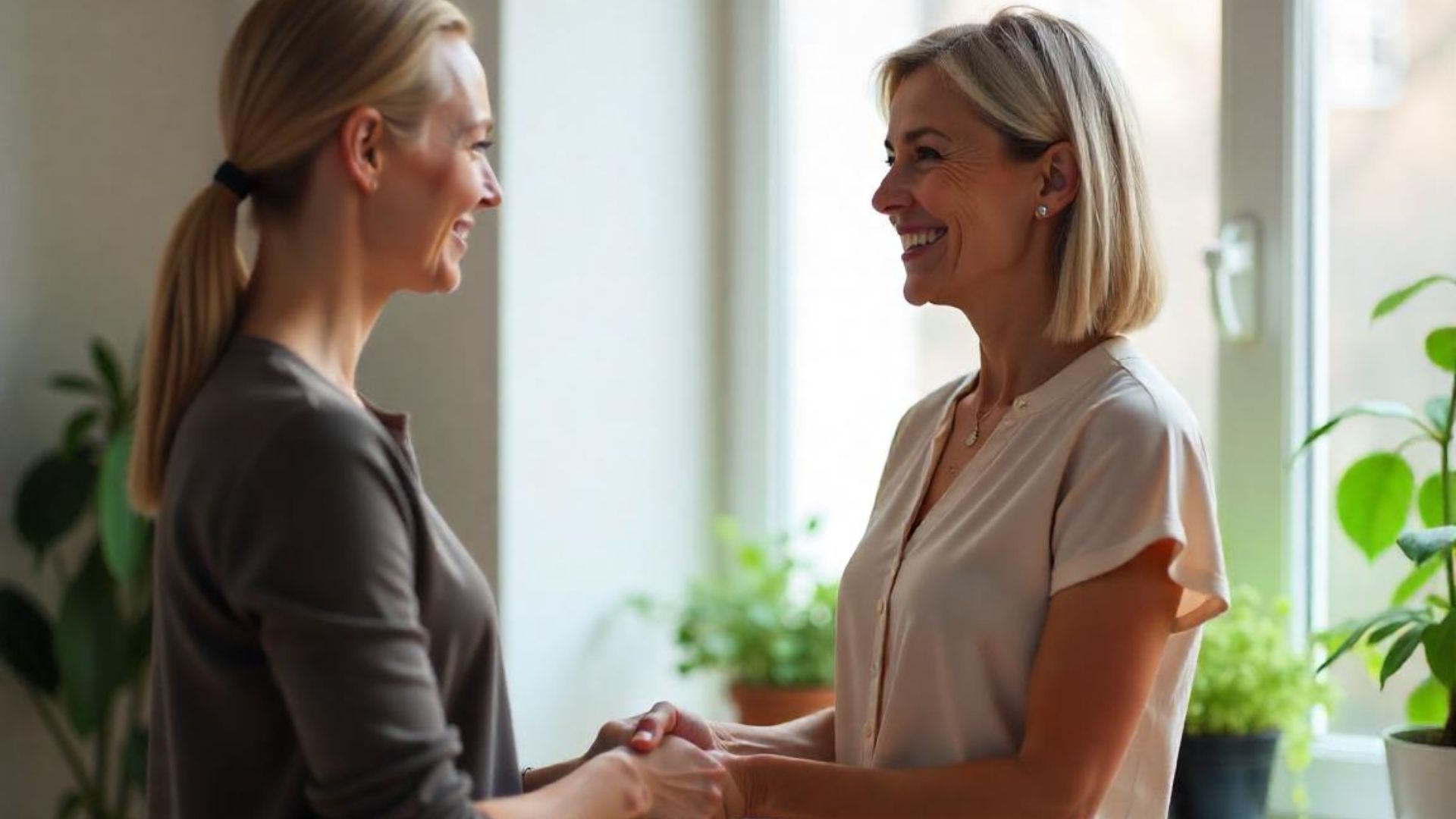 A mother and daughter clasping hands after discussing guarantor mortgages