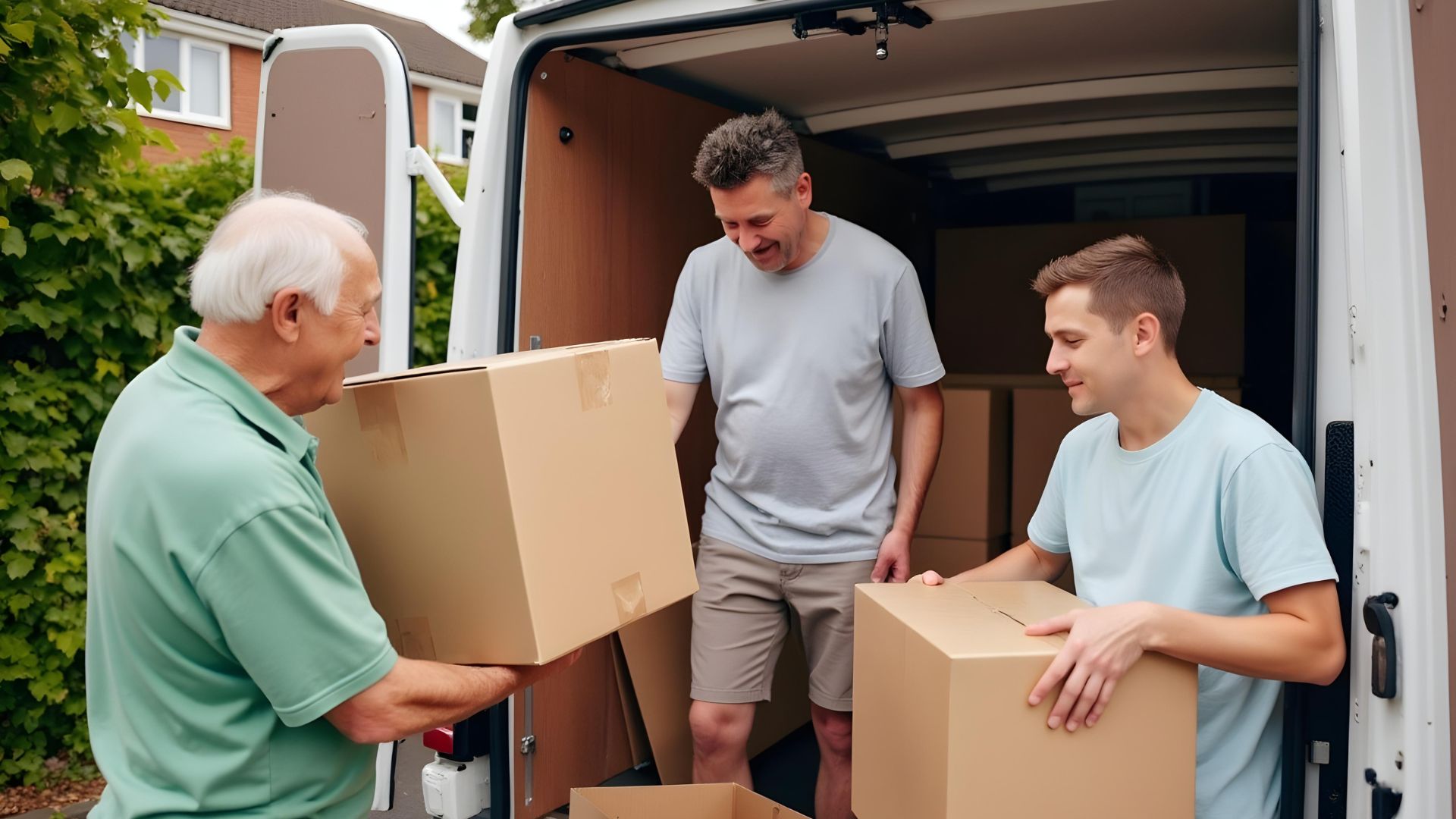 A smiling family (three men) unloads cardboard moving boxes from the back of a white van, celebrating their new home after securing a mortgage with late payments.