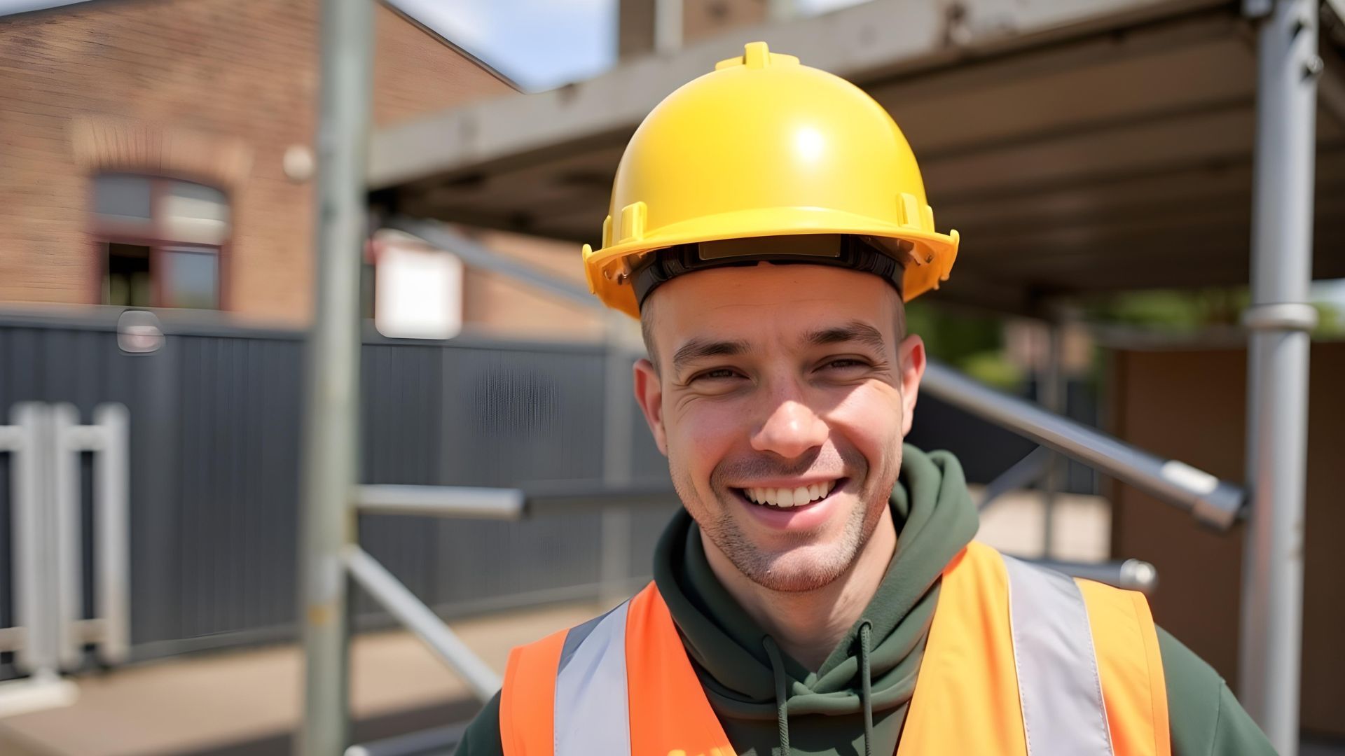 A construction worker on site smiling after being accepted for CIS mortgage