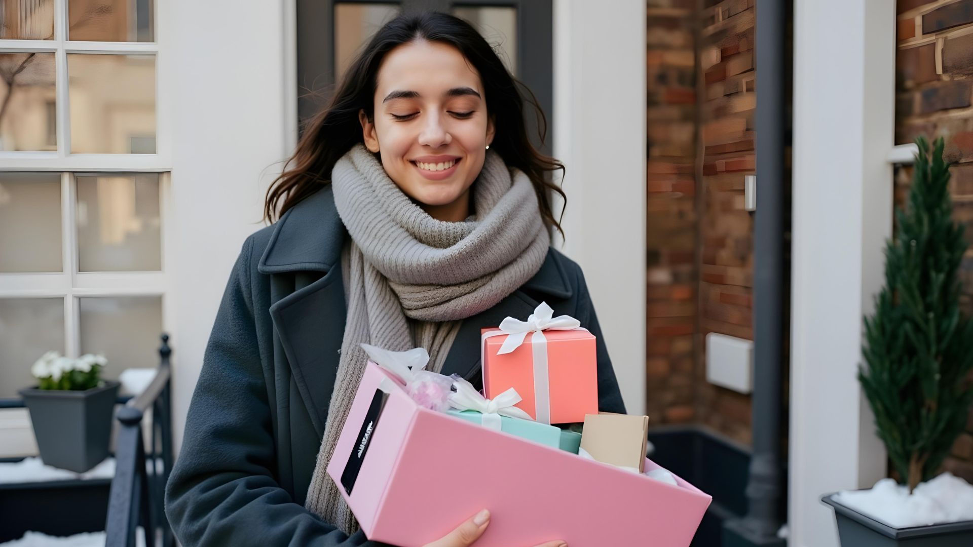 A young person standing outside her new home after taking part in the deposit unlock scheme, holding new housewarming gifts in her hands and smiling