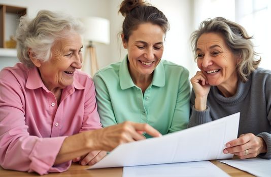 a group of elderly friends discussing the equity release application process