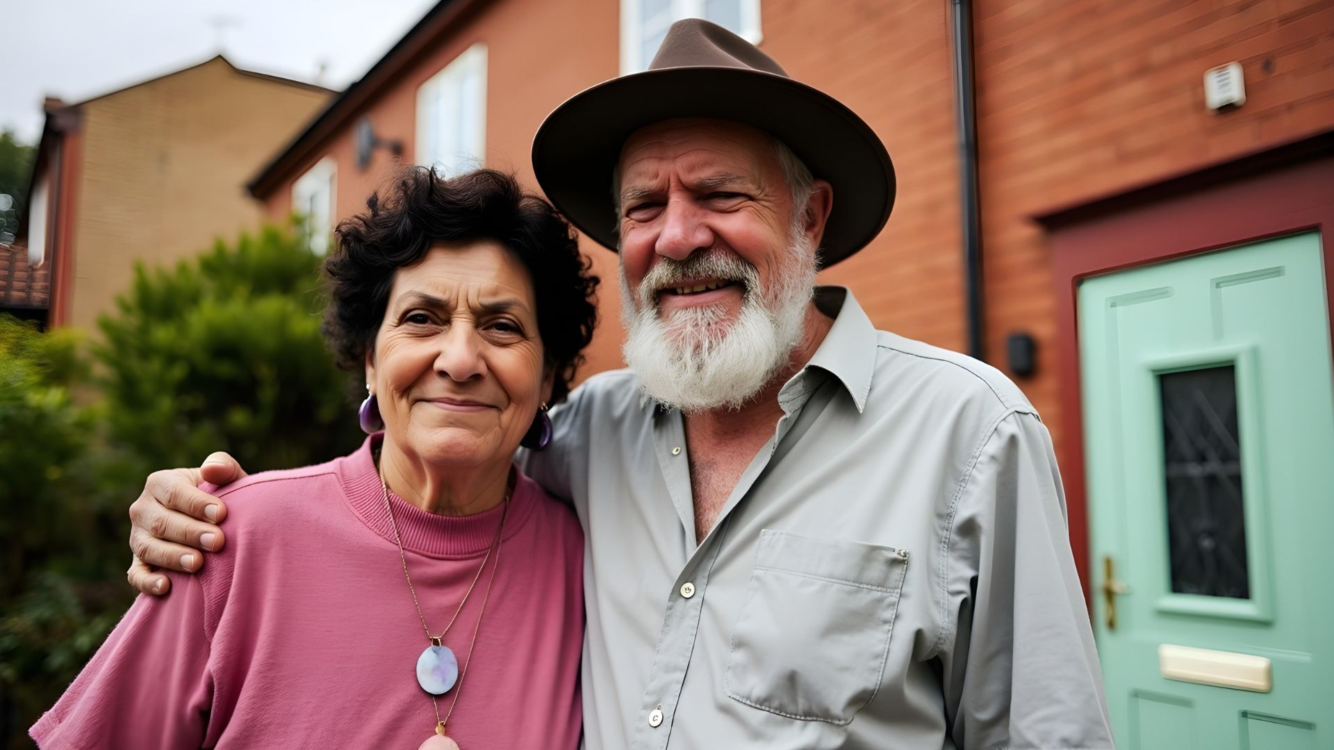 A couple standing outside of their UK home similing after reading more in an equity release guide