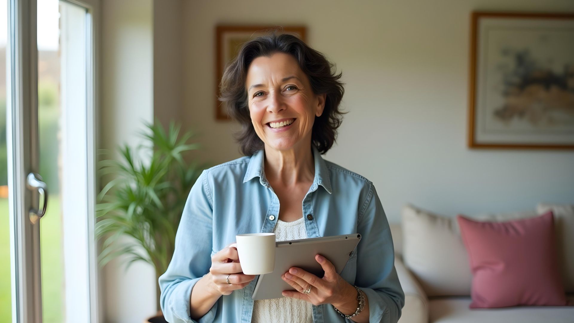 An older lady with dark hair in her living room, holding a cuppa after speaking to an equity release mortgage broker