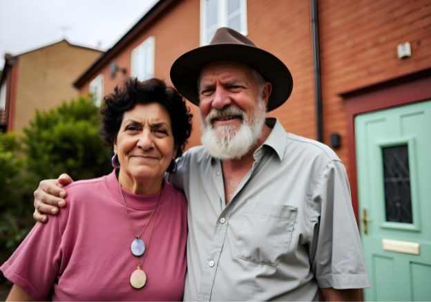 A couple standing outside of their home in the UK after speaking to an equity release mortgage broker