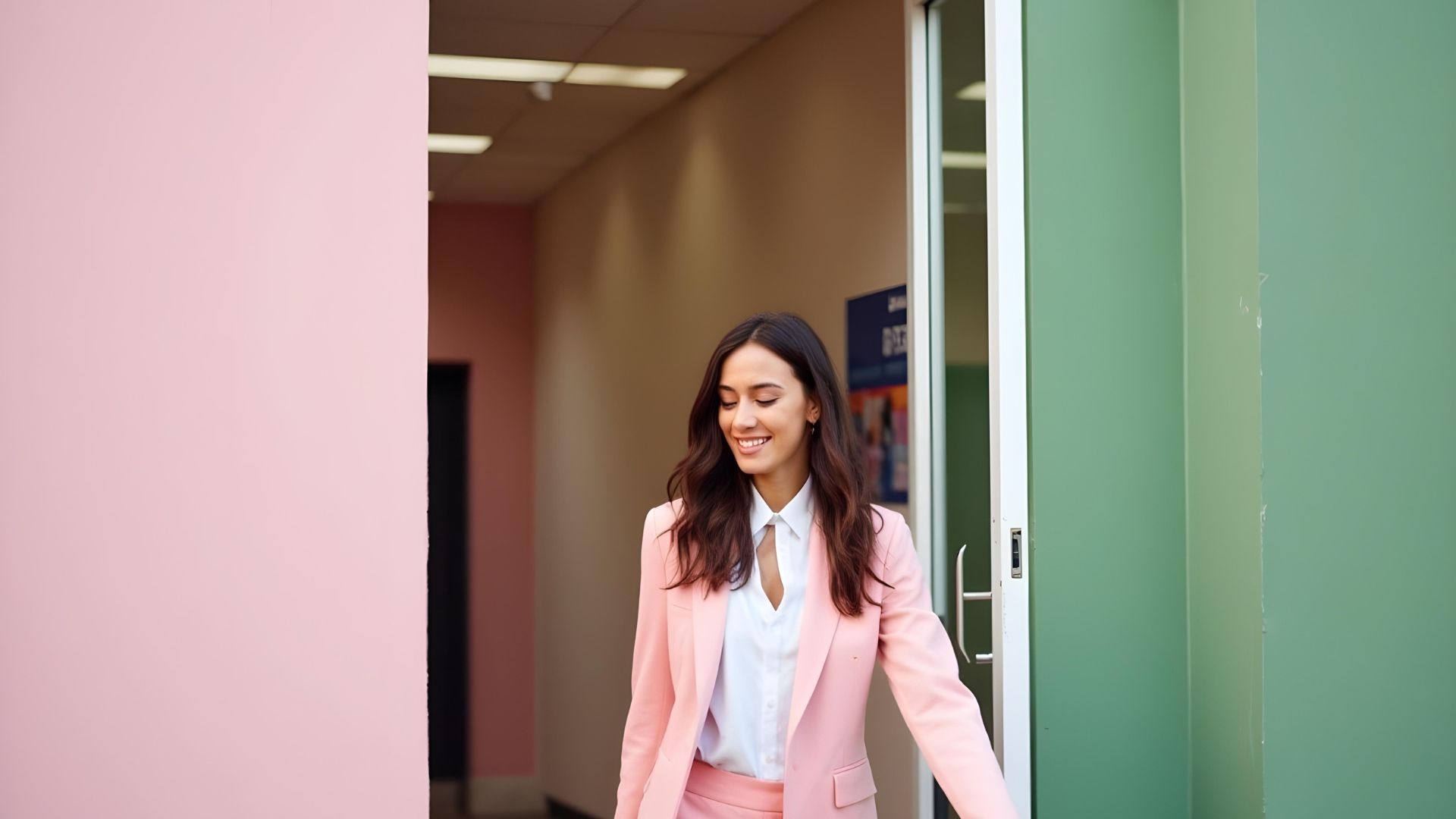 A self-employed woman walking out of an office building smiling after reading about self-employed mortgages
