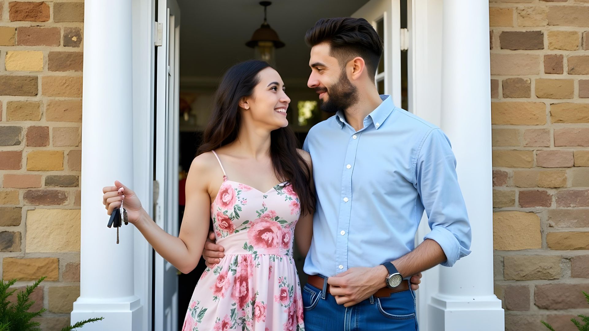 A couple standing outside of their home happy after purchasing a larger share with a staircasing mortgage